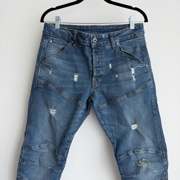 G-Star RAW Jeans Mens 32x32 Blue 5620 3D Slim Distressed Button Fly Moto Tapered - Picture 2 of 12